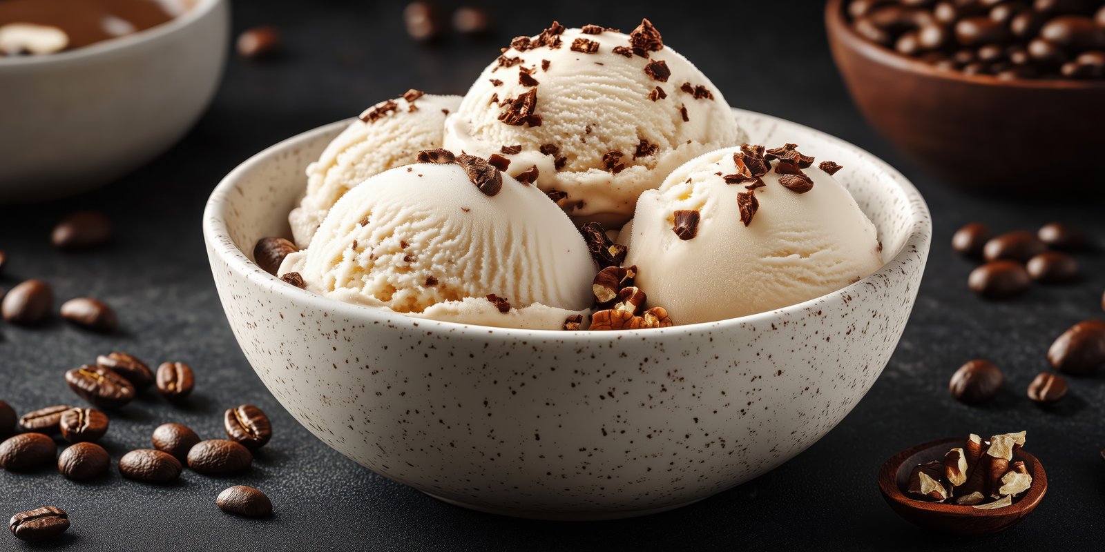 Creamy coffee ice cream served in a rustic bowl with chocolate shavings and coffee beans